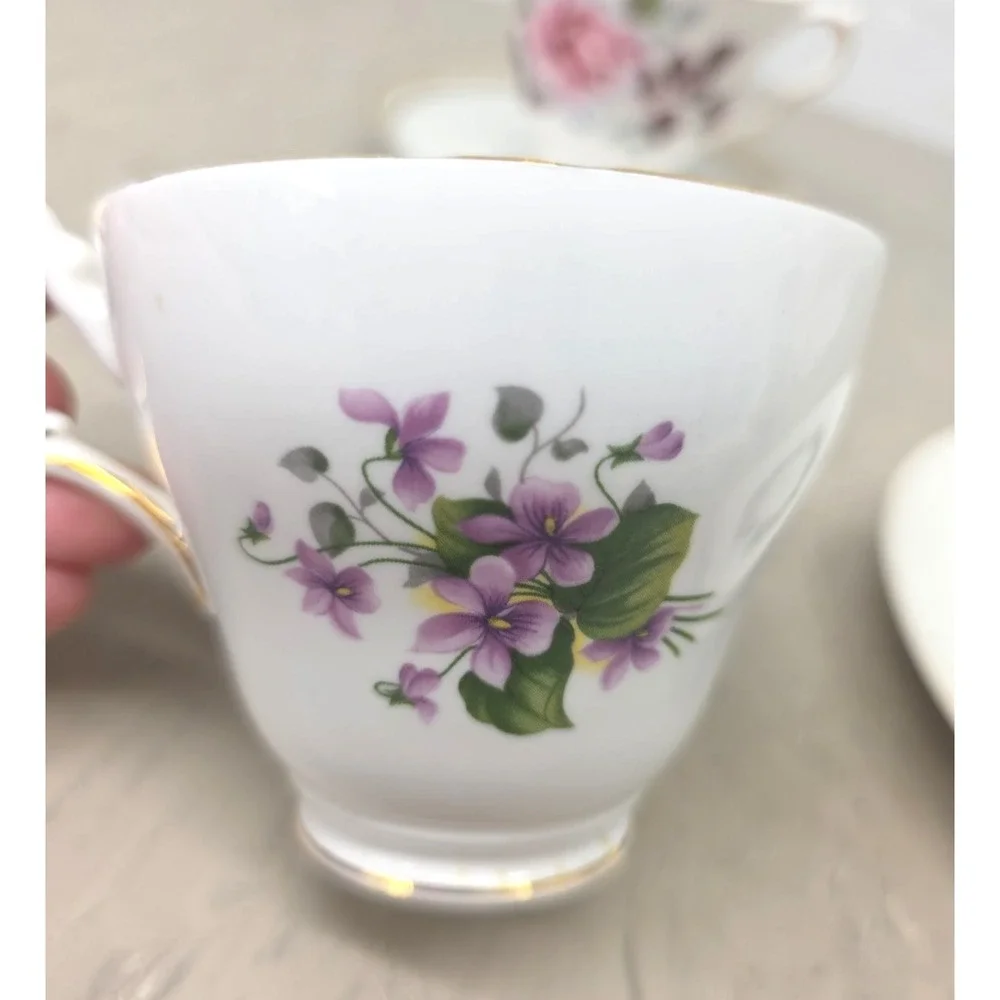 Mismatch Vtg Tea Set for 2 English Bone China Violets Roses Floral Cottagecore